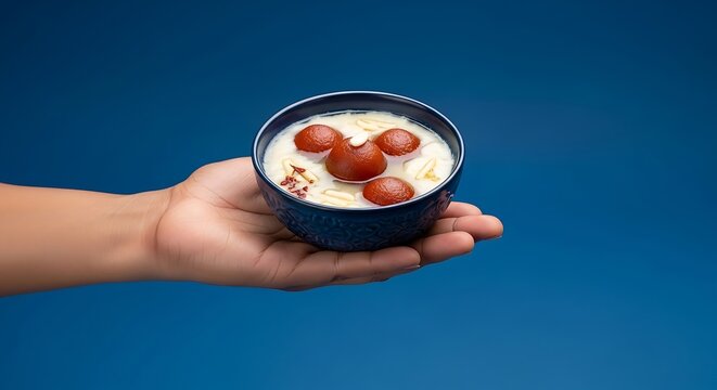 hand holding a gulab jamun dessert bowl