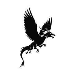 Obraz premium Black silhouette of a mythical dragon-like creature or phoenix in flight, with sharp details and wings spread.