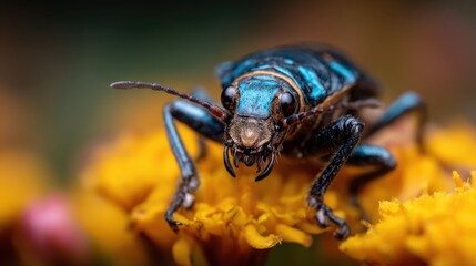 Fototapeta premium This mesmerizing close-up shot features a vibrant beetle perched on a bright yellow flower, highlighting the intricate details and colors of both the insect and the flora in nature's beauty.