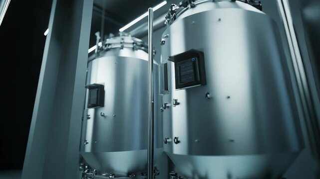 Industrial steel reactors process materials in a high tech manufacturing or laboratory facility, performing essential functions for various production lines and scientific research