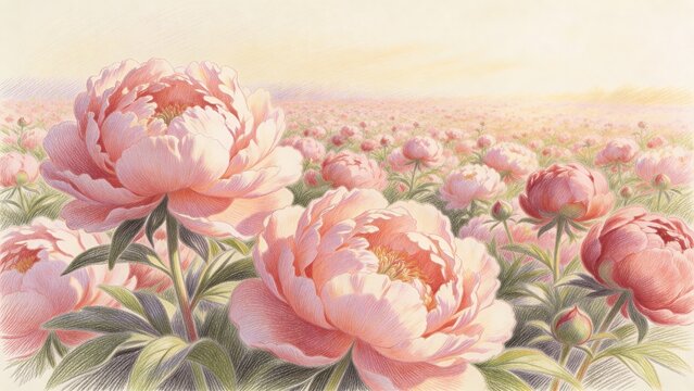 Vast peony flower field colored pencil illustration, soft spring desktop wallpaper