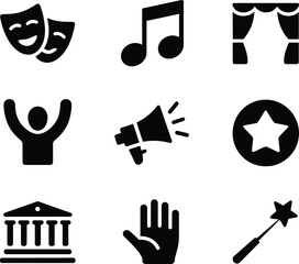 Black of theater masks, musical note, curtain, applause, megaphone, star, building, hand, magic wand