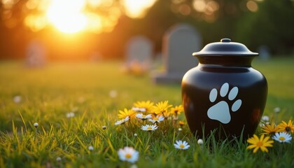 Plakat Pet cremation urn with paw print rests on green grass near cemetery headstones. Delicate flowers bloom at sunset, symbolizing love, remembrance. Peaceful tribute to cherished companion final journey.