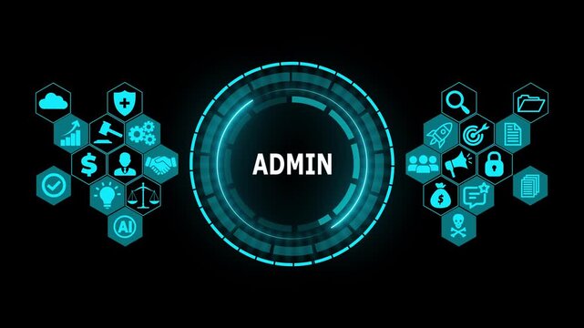 ADMIN Digital Control Interface with HUD Circle, System Administration and Security Management Technology Concept Abstract Motion Graphics Loop Background