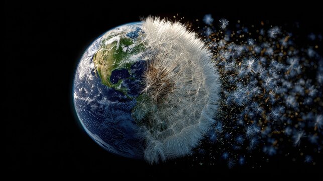 Earth planet disintegrating like a dandelion seed head in space