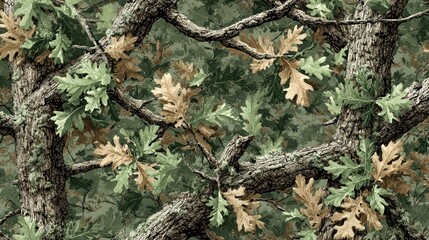 Detailed camouflage pattern featuring oak leaves and tree bark for outdoor activities