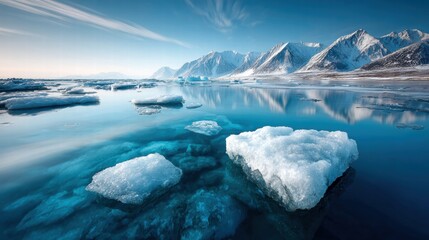 Scenic view of icebergs floating in a tranquil blue sea with snow-capped mountains.