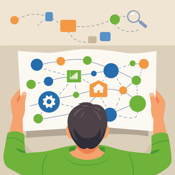 Flat vector illustration of a person analyzing a complex system map with connected nodes and icons. Concept of systems thinking, strategy planning, data relationships, and analytical decision making.