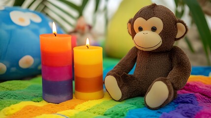 Stuffed monkey beside rainbow colored candles on a vibrant beach picnic