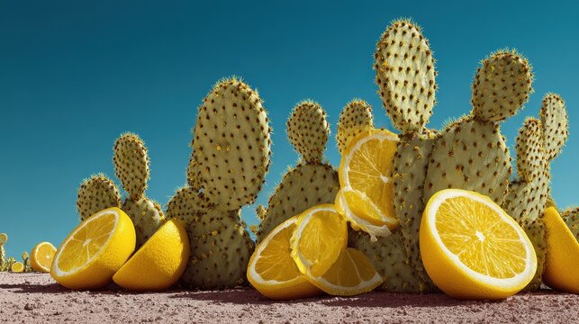 Surreal desert scene with ripe lemons and prickly pear cactus