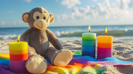 Stuffed monkey beside rainbow colored candles on a vibrant beach picnic