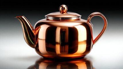 A beautifully crafted copper teapot shines under soft lighting, showcasing its glossy surface and elegant design, perfect for tea lovers and collectors admiring fine kitchenware.