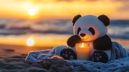 Stuffed panda hugging a mini candle on cozy oceanfront picnic