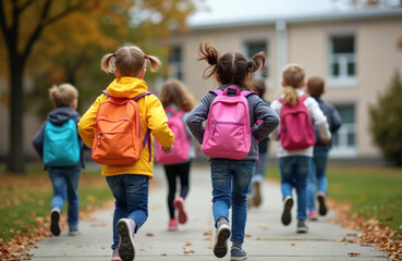 Fototapeta premium Children with backpacks run towards school building on autumn day. Young pupils with schoolbags excitedly go to class outdoors. Kids hurry on sidewalk near trees.