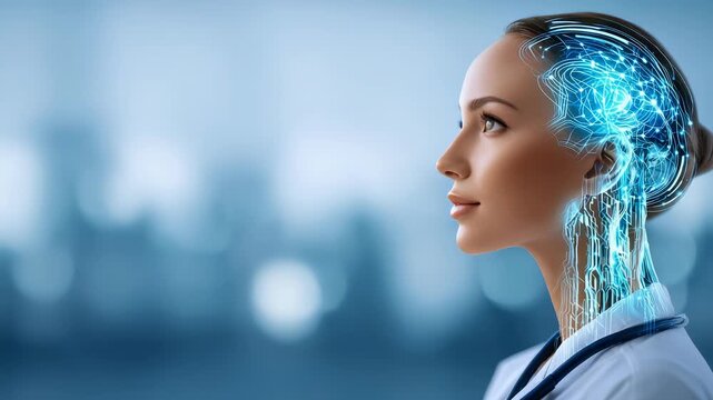 Futuristic concept of artificial intelligence and neuroscience featuring a woman with a digital brain interface. Modern technology and human mind integration in a scientific environment