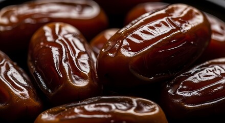 Close-up view of fresh dates with shiny brown skin, highlighting their texture and natural sweetness in a dark environment