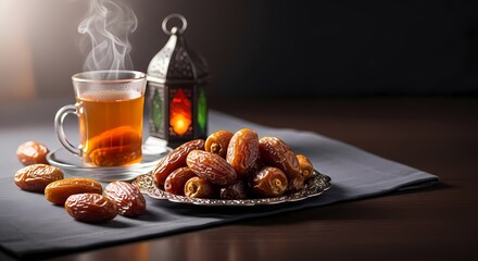 Steaming cup of tea and dates on a dark table with a lantern nearby, captured from a close-up view