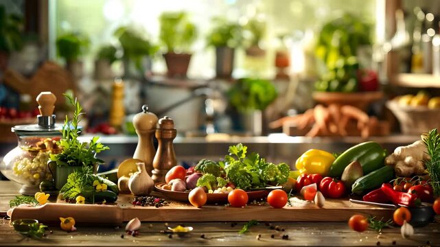 Fresh Vegetables Falling onto Rustic Kitchen Counter in Slow Motion