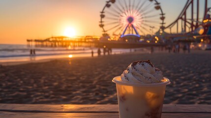 Tiramisu ice cream carnival rides in the background beach at sunset