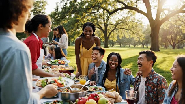 Diverse group of friends enjoying a sunny outdoor picnic feast together.