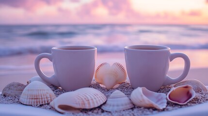 Two coffee mugs on white lounger seashells forming a heart around them soft pink skies at dusk