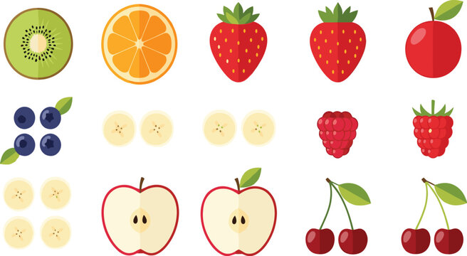Fresh Fruit Vector Icon Set with Apple Banana Orange Kiwi Strawberry Cherry Blueberry and Raspberry for Healthy Food Design