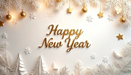 Golden inscription Happy New Year with festive winter decorations. Elegant abstract minimal background for cards, banners, invitations. New beginnings concept.