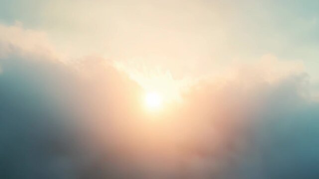 Sun's ethereal glow filtering through soft cloud layers creates a serene and hopeful aerial view, symbolizing peace, freedom, and spiritual ascent in a dreamy sky