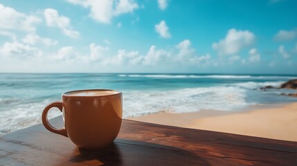 Wide angle shot of a coffee mug on lounger entire beach visible with distant waves