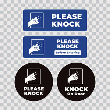Professional Please Knock sign set featuring rectangular and circular layouts with a clear knocking hand icon