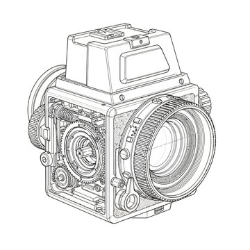 Vintage medium format camera schematic, internal mechanism, black and white line drawing