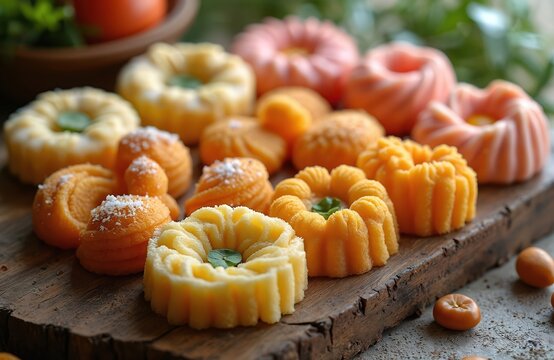 Colorful traditional Indonesian cakes, jajanan pasar, arranged on wooden board. Sweet pastries offer taste of local culture. Healthy snacks for dessert.