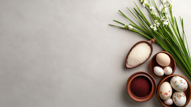Haft Seen items arranged on a gray surface, symbolizing the coming of spring, renewal, and the rich cultural traditions of Nowruz and the Persian New Year celebration
