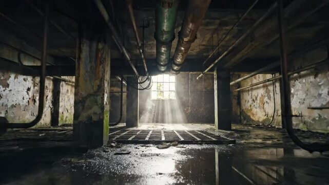 Spooky abandoned basement with peeling paint, water puddles, and a bright window beaming sunlight