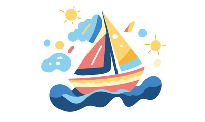 Fototapeta premium Colorful sailboat with vibrant sails floating on stylized blue waves under sunny sky with abstract clouds in flat minimalist vector style