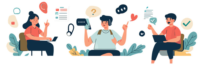 Fototapeta premium Customer support online help desk team providing answers and feedback with laptops and headset in flat vector illustration