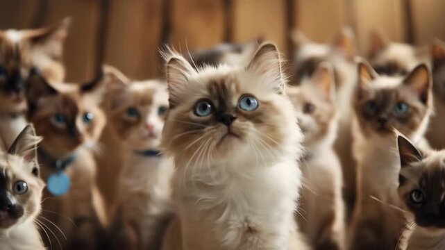 Cute Kitten: Adorable Fluffy Blue-Eyed Ragdoll Looking Up with Many Cats