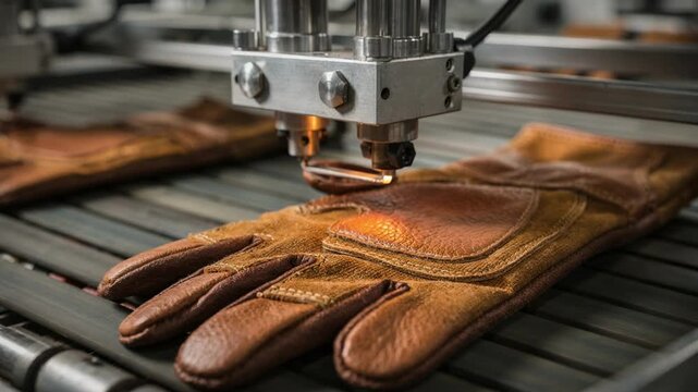 Medium shot of machinery applying leather patches onto glove palms emphasizing durability and craftsmanship in automated glove production processes.