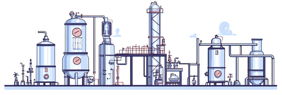 Detailed vector illustration of industrial ethanol alcohol production distillery with distillation columns pipes tanks and vintage machinery equipment in flat minimalist style