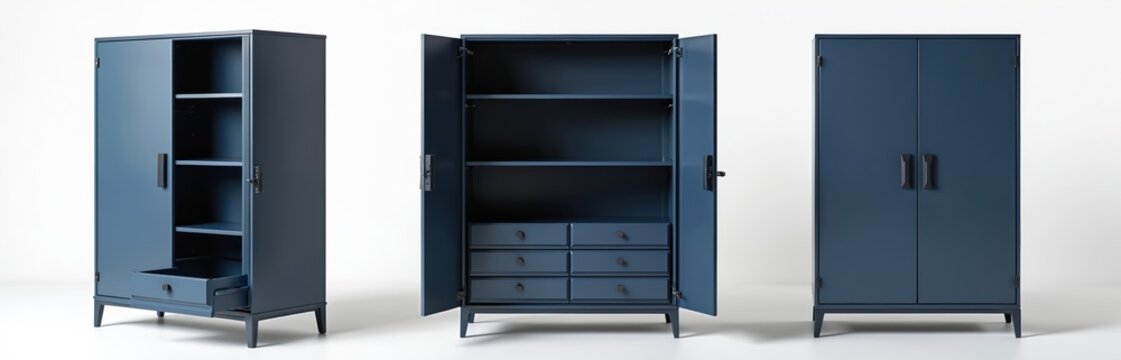 Blue metal storage cabinet with shelves and drawers, shown open and closed. Versatile furniture piece for home or office organization. Modern minimalist design.