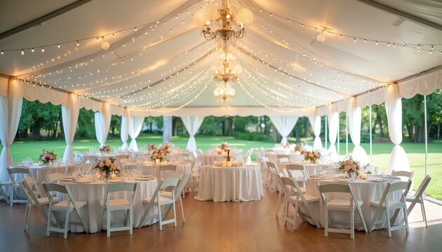 Outdoor wedding reception tent set with round tables white chairs and floral centerpieces. String lights and chandeliers illuminate tables elegantly dressed for a festive celebration event.