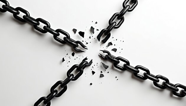 Heavy black chain breaks apart in center creating debris. Metal links snap apart on white background symbolizing freedom, change or liberation. Power unleashed represents overcoming obstacles.