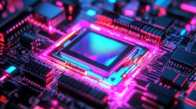 Illuminated semiconductor nano chip close-up technology laboratory high-resolution image futuristic environment macro viewpoint innovation insight
