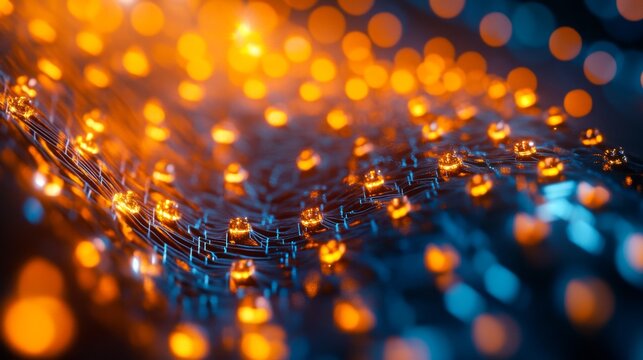 High-tech closeup of semiconductor nano components in a futuristic laboratory setting illuminated with vibrant colors