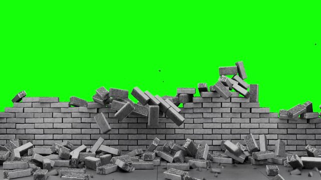 Animated brick wall destruction. Brick wall explosion for your design. Exploding gray brick wall. Textured brick background with green background and space for text.