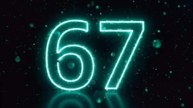 Glowing Neon Green Number 67 on Dark Background with Particles, Cinematic Seamless Loop, symbolizing statistics or percentage