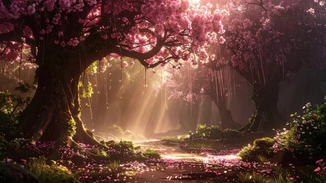 A vibrant forest scene with blossom-laden trees and dappled sunlight