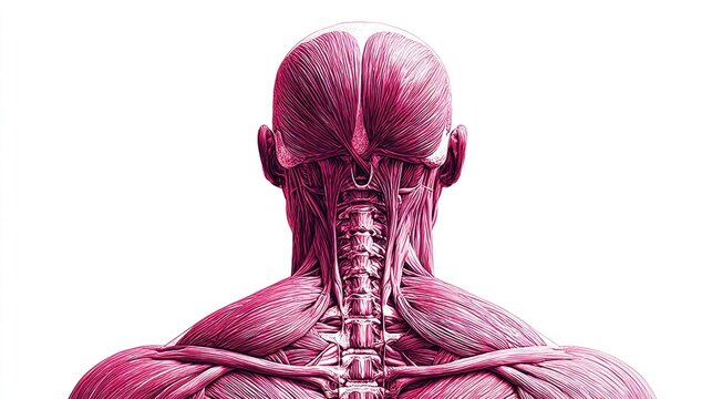 Anatomical illustration of the human neck and head muscles, viewed from the back.
