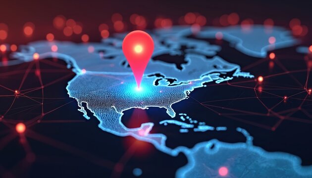 Digital map shows North America with glowing blue outline and a red location pin. A network grid with illuminated dots connects points across the continent.