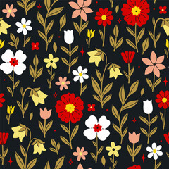 Seamless pattern with flowers on a dark background. Vector graphics.